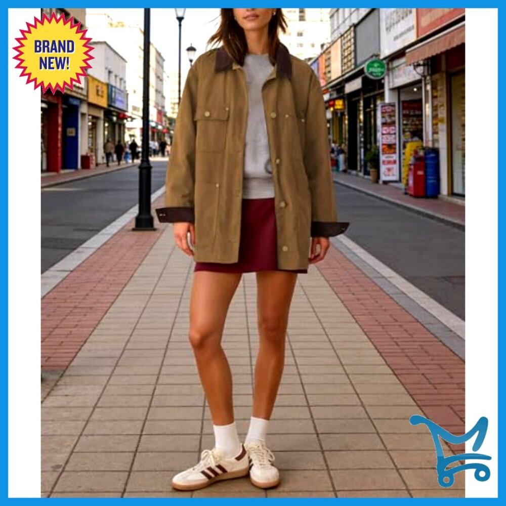 Oversized Utility Cotton Coat Corduroy Collar Vintage Workwear with Pockets - Picture 5 of 7